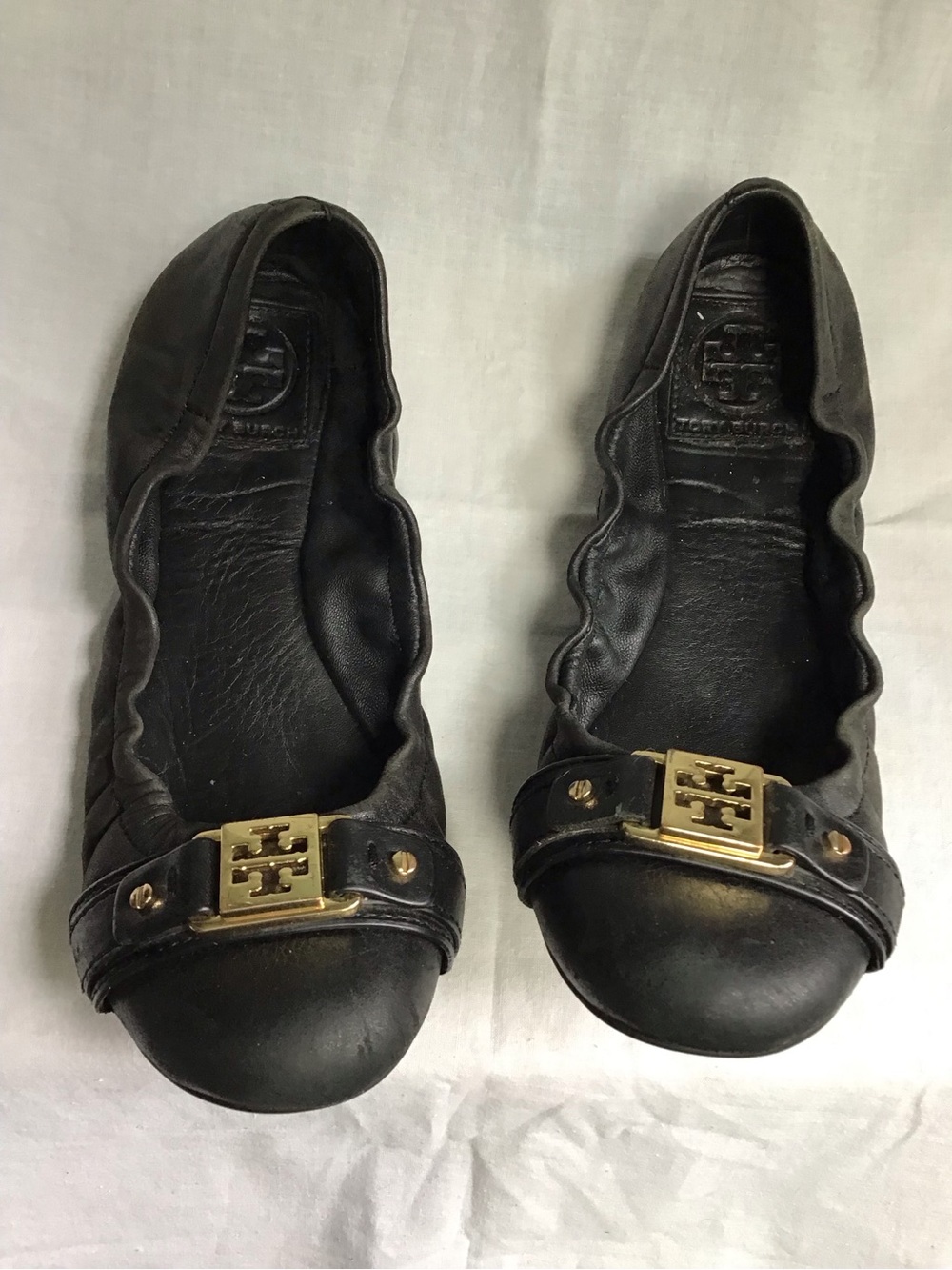 Tory Burch Black Leather Logo Buckle Ballet Flats